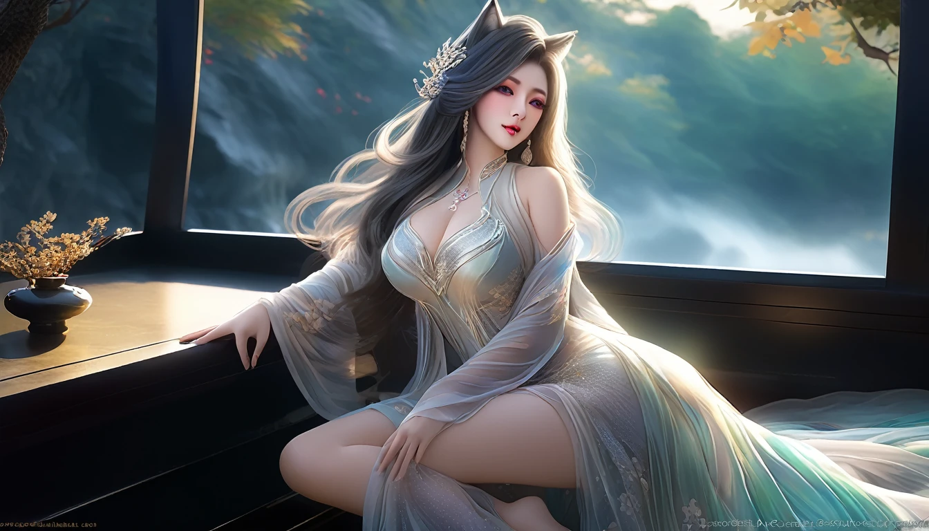 Woman in transparent dress,Viewer,(((Full breasts, Keeley University))),Slim waist,(Navel exposed,Bare waist), Long hair, extreme detailed details, Detailed fantasy art, Stunning character art, Beautiful and exquisite character art, Beautiful transparent dress, Very detailed, Girl wearing flowing Hanfu, Exquisite headpieces and jewellery,Crystal jewelry filigree, galaxy, Stunning visuals, (Dynamic Stripes, light rail:1.2), Vibrant colors,Long hair动漫女孩和fox, Beautiful platinum fox lady, 白毛fox, Beautiful character painting, Beautiful anime portrait, fox耳朵的女孩, a beautiful fox woman, Mystical artwork, Guweiz, by Ren Renfa, fox, Large Breasts，Full breasts，Golden ratio figure，Perfect body，Ultra wide-angle shooting，Full body shot，Body close-up，Full body shot，Wearing a pleated tulle skirt，Soft anime illustration, Soft dark background，Fujifilm XT3 Clear focus, f 5.6, High Detail, Clear focus, Dramatic, (Wearing openwork clothing), (Looking at the audience:1.8), (Natural light), (Tempting)translucent, Good velvet quality, Compared, Divine Light,, Silver gray hair, Sky background, Absolute Strength,Female angels，Girl in sexy silk,，Large Breasts，Full breasts，Golden ratio figure，Perfect body，Ultra wide-angle shooting，Full body shot，Body close-up，Full body shot， Wearing a tulle dress, Model shooting style, Large Breasts，Full breasts，Golden ratio figure，Perfect body，(Extremely detailed CG 8k wallpaper unit), The most beautiful artistic photos in the world, , 8K Ultra HD, ) On the big white bed，Lazy gesture，Charming and seductive expression，best quality,masterpiece,Ultra-high resolution,(Practical:1.4),original photo,Ultra-high resolution，White skin，Exquisite makeup，Long legs，Bright beautiful eyes，用深色眼影打造Exquisite makeup，