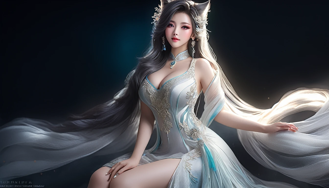 Woman in transparent dress,Viewer,(((Full breasts, Keeley University))),Slim waist,(Navel exposed,Bare waist), Long hair, extreme detailed details, Detailed fantasy art, Stunning character art, Beautiful and exquisite character art, Beautiful transparent dress, Very detailed, Girl wearing flowing Hanfu, Exquisite headpieces and jewellery,Crystal jewelry filigree, galaxy, Stunning visuals, (Dynamic Stripes, light rail:1.2), Vibrant colors,Long hair动漫女孩和fox, Beautiful platinum fox lady, 白毛fox, Beautiful character painting, Beautiful anime portrait, fox耳朵的女孩, a beautiful fox woman, Mystical artwork, Guweiz, by Ren Renfa, fox, Large Breasts,Full breasts,Golden ratio figure,Perfect body,Ultra wide-angle shooting,Full body shot,Body close-up,Full body shot,Wearing a pleated tulle skirt,Soft anime illustration, Soft dark background,Fujifilm XT3 Clear focus, f 5.6, High Detail, Clear focus, Dramatic, (Wearing openwork clothing), (Looking at the audience:1.8), (Natural light), (Tempting)translucent, Good velvet quality, Compared, Divine Light,, Silver gray hair, Sky background, Absolute Strength,Female angels,Girl in sexy silk,,Large Breasts,Full breasts,Golden ratio figure,Perfect body,Ultra wide-angle shooting,Full body shot,Body close-up,Full body shot, Wearing a tulle dress, Model shooting style, Large Breasts,Full breasts,Golden ratio figure,Perfect body,(Extremely detailed CG 8k wallpaper unit), The most beautiful artistic photos in the world, , 8K Ultra HD, ) On the big white bed,Lazy gesture,Charming and seductive expression,best quality,masterpiece,Ultra-high resolution,(Practical:1.4),original photo,Ultra-high resolution,White skin,Exquisite makeup,Long legs,Bright beautiful eyes,用深色眼影打造Exquisite makeup,