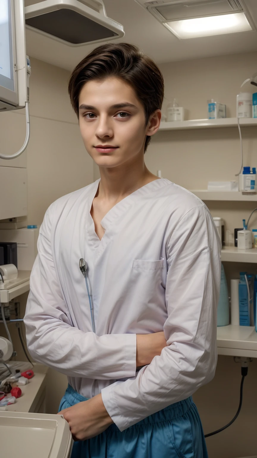 A beautiful young male twink with a face with reddish makeup. He has black hair. He is wearing a long-sleeved white shirt and aqua blue pants. He is in the surgical theater working as a surgeon. A genius in medicine. Behind him are medical devices and medical tools. Behind him, he looks proudly.