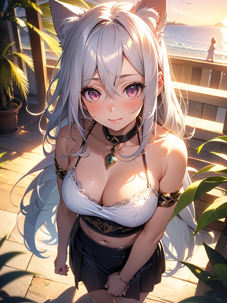 a highly detailed portrait of a pretty girl with medium breasts, a beautiful silver hair, pink eyes, and cat ears, smiling against a sunset beach landscape with an orange, pink, and yellow sky, palm trees swaying, seagulls flying, and a crystal clear sea gently kissing the white sand shore, creating a dynamic and breathtaking yet peaceful atmosphere,beautiful detailed eyes,beautiful detailed lips,extremely detailed eyes and face,longeyelashes,1girl,oil painting,illustration,photography,intricate details,vibrant colors,warm lighting,cinematic,dramatic,serene,calming