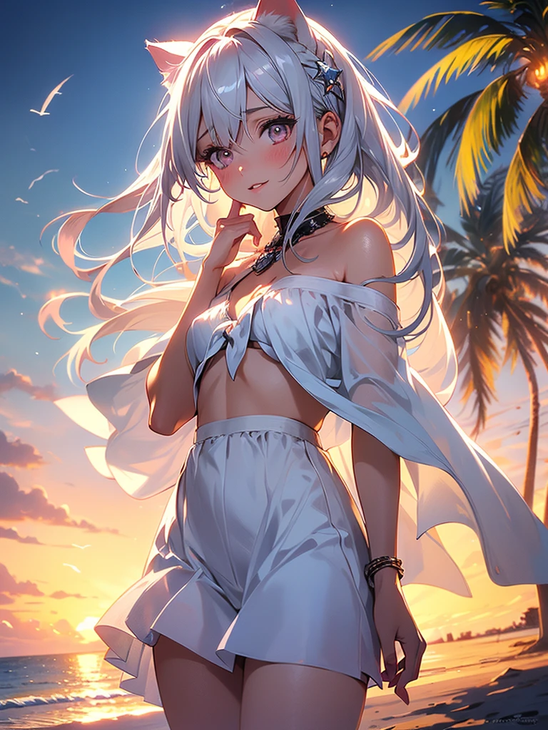 a highly detailed portrait of a pretty girl with medium breasts, a beautiful silver hair, pink eyes, and cat ears, smiling against a sunset beach landscape with an orange, pink, and yellow sky, palm trees swaying, seagulls flying, and a crystal clear sea gently kissing the white sand shore, creating a dynamic and breathtaking yet peaceful atmosphere,beautiful detailed eyes,beautiful detailed lips,extremely detailed eyes and face,longeyelashes,1girl,oil painting,illustration,photography,intricate details,vibrant colors,warm lighting,cinematic,dramatic,serene,calming