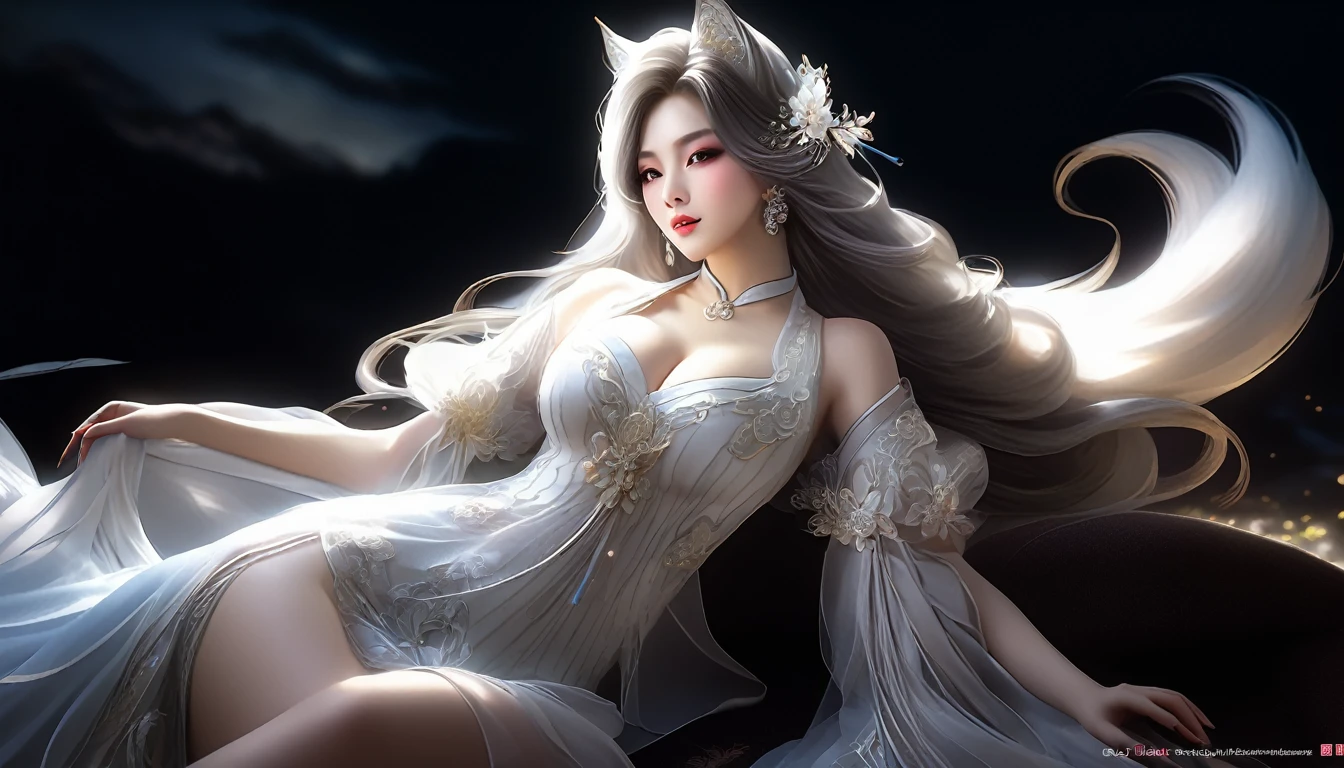 Woman in transparent dress,Viewer,(((Full breasts, Keeley University))),Slim waist,(Navel exposed,Bare waist), Long hair, extreme detailed details, Detailed fantasy art, Stunning character art, Beautiful and exquisite character art, Beautiful transparent dress, Very detailed, Girl wearing flowing Hanfu, Exquisite headpieces and jewellery,Crystal jewelry filigree, galaxy, Stunning visuals, (Dynamic Stripes, light rail:1.2), Vibrant colors,Long hair动漫女孩和fox, Beautiful platinum fox lady, 白毛fox, Beautiful character painting, Beautiful anime portrait, fox耳朵的女孩, a beautiful fox woman, Mystical artwork, Guweiz, by Ren Renfa, fox, Large Breasts，Full breasts，Golden ratio figure，Perfect body，Ultra wide-angle shooting，Full body shot，Body close-up，Full body shot，Wearing a pleated tulle skirt，Soft anime illustration, Soft dark background，Fujifilm XT3 Clear focus, f 5.6, High Detail, Clear focus, Dramatic, (Wearing openwork clothing), (Looking at the audience:1.8), (Natural light), (Tempting)translucent, Good velvet quality, Compared, Divine Light,, Silver gray hair, Sky background, Absolute Strength,Female angels，Girl in sexy silk,，Large Breasts，Full breasts，Golden ratio figure，Perfect body，Ultra wide-angle shooting，Full body shot，Body close-up，Full body shot， Wearing a tulle dress, Model shooting style, Large Breasts，Full breasts，Golden ratio figure，Perfect body，(Extremely detailed CG 8k wallpaper unit), The most beautiful artistic photos in the world, , 8K Ultra HD, ) On the big white bed，Lazy gesture，Charming and seductive expression，best quality,masterpiece,Ultra-high resolution,(Practical:1.4),original photo,Ultra-high resolution，White skin，Exquisite makeup，Long legs，Bright beautiful eyes，用深色眼影打造Exquisite makeup，