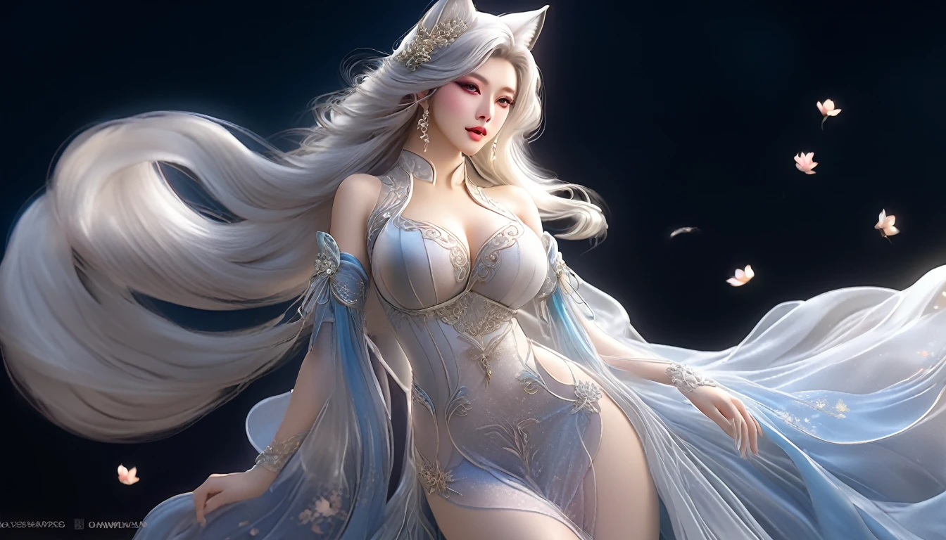 Woman in transparent dress,Viewer,(((Full breasts, Keeley University))),Slim waist,(Navel exposed,Bare waist), Long hair, extreme detailed details, Detailed fantasy art, Stunning character art, Beautiful and exquisite character art, Beautiful transparent dress, Very detailed, Girl wearing flowing Hanfu, Exquisite headpieces and jewellery,Crystal jewelry filigree, galaxy, Stunning visuals, (Dynamic Stripes, light rail:1.2), Vibrant colors,Long hair动漫女孩和fox, Beautiful platinum fox lady, 白毛fox, Beautiful character painting, Beautiful anime portrait, fox耳朵的女孩, a beautiful fox woman, Mystical artwork, Guweiz, by Ren Renfa, fox, Large Breasts，Full breasts，Golden ratio figure，Perfect body，Ultra wide-angle shooting，Full body shot，Body close-up，Full body shot，Wearing a pleated tulle skirt，Soft anime illustration, Soft dark background，Fujifilm XT3 Clear focus, f 5.6, High Detail, Clear focus, Dramatic, (Wearing openwork clothing), (Looking at the audience:1.8), (Natural light), (Tempting)translucent, Good velvet quality, Compared, Divine Light,, Silver gray hair, Sky background, Absolute Strength,Female angels，Girl in sexy silk,，Large Breasts，Full breasts，Golden ratio figure，Perfect body，Ultra wide-angle shooting，Full body shot，Body close-up，Full body shot， Wearing a tulle dress, Model shooting style, Large Breasts，Full breasts，Golden ratio figure，Perfect body，(Extremely detailed CG 8k wallpaper unit), The most beautiful artistic photos in the world, , 8K Ultra HD, ) On the big white bed，Lazy gesture，Charming and seductive expression，best quality,masterpiece,Ultra-high resolution,(Practical:1.4),original photo,Ultra-high resolution，White skin，Exquisite makeup，Long legs，Bright beautiful eyes，用深色眼影打造Exquisite makeup，