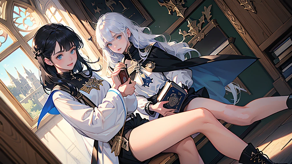 masterpiece, ultra detailed, 8K Portrait, Raw photo, (((((2 girls))))), girls photography, full body, Highly detailed face, ((Fantasy)), 15 years old, (((classmates))), smile, various hairstyles and hair color, (((white long tunic with a single vertical blue line))), (((black shorts))), (((white cape with coat of arms))), (((little waist hip pouch))), leather boots, various pose, ((holding magic book)), In the classroom of the medieval magic school, sitting, Midday Sun, Hyper realistic, Ambient lighting, Shadow details , Camera focus on face, strong breeze, Light fog