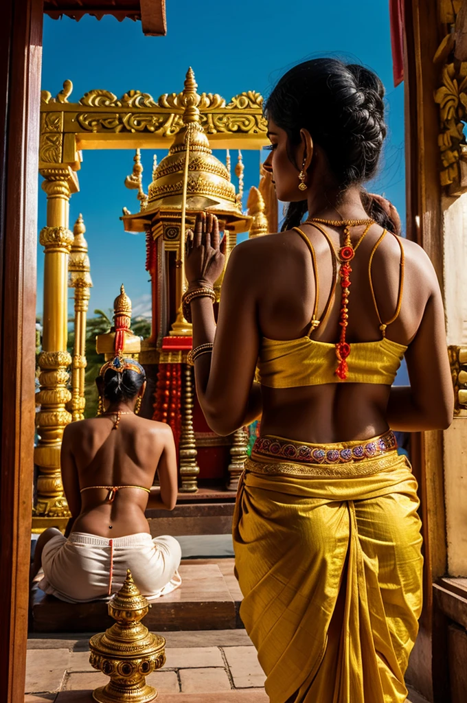 A south indian woman praying to God in a temple and lord Krishna looking at her from behind 