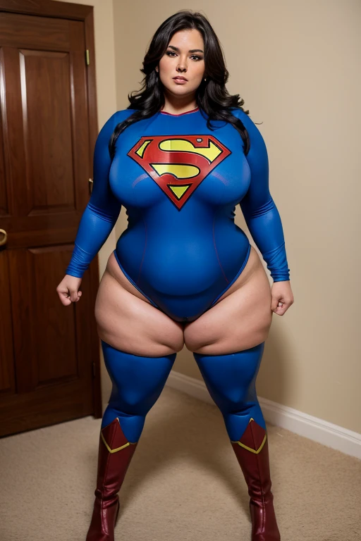 bbw superheroine is standing and paralyzed in front, full body, bbw sweat,