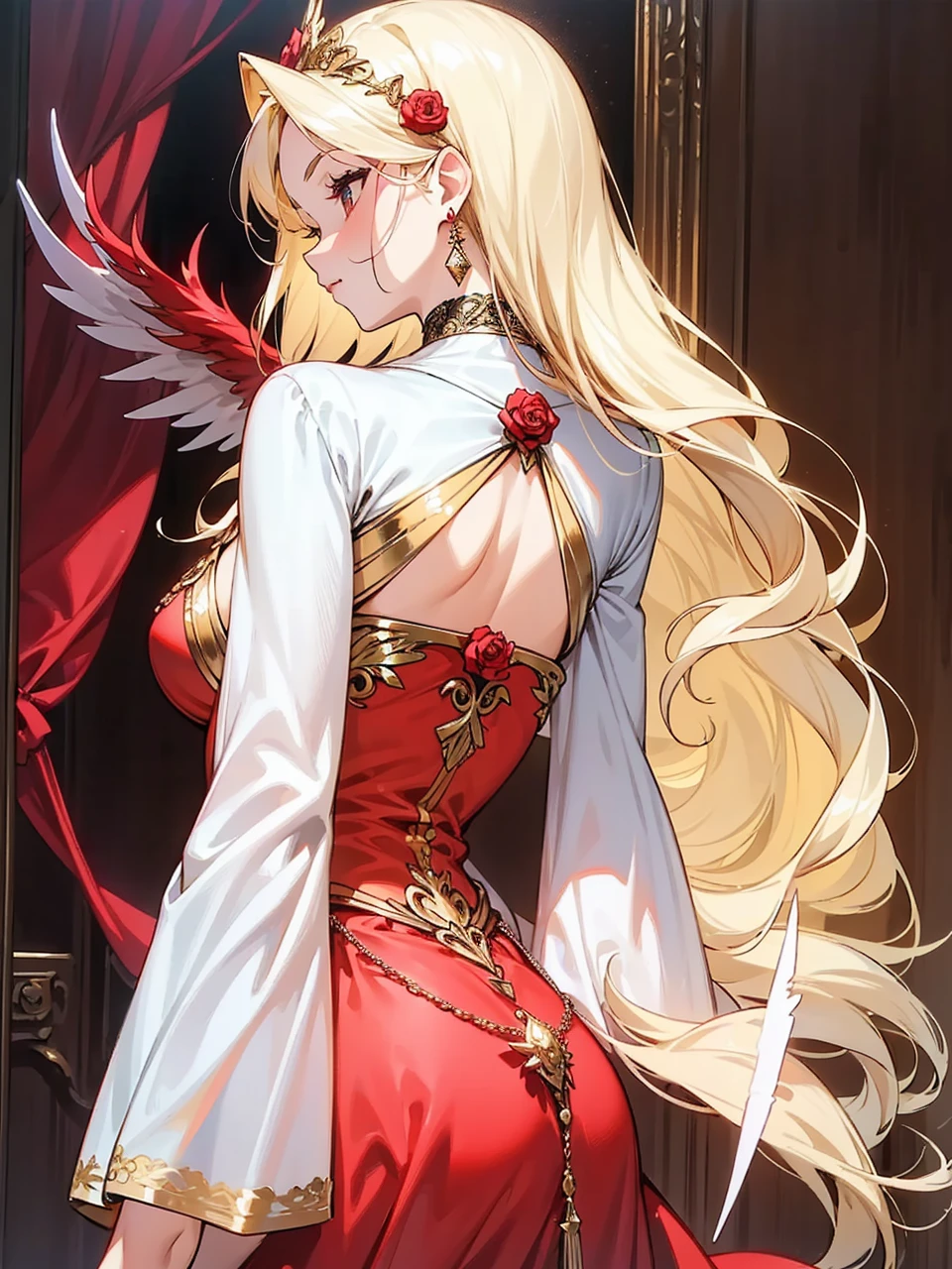 Add in roses to her dress, a good back dress design with some golden jewelry, make her dress into a red and white gown with a hat, give her some unique Jewelry, and make her look somewhat of a demonic angel like appearance to her