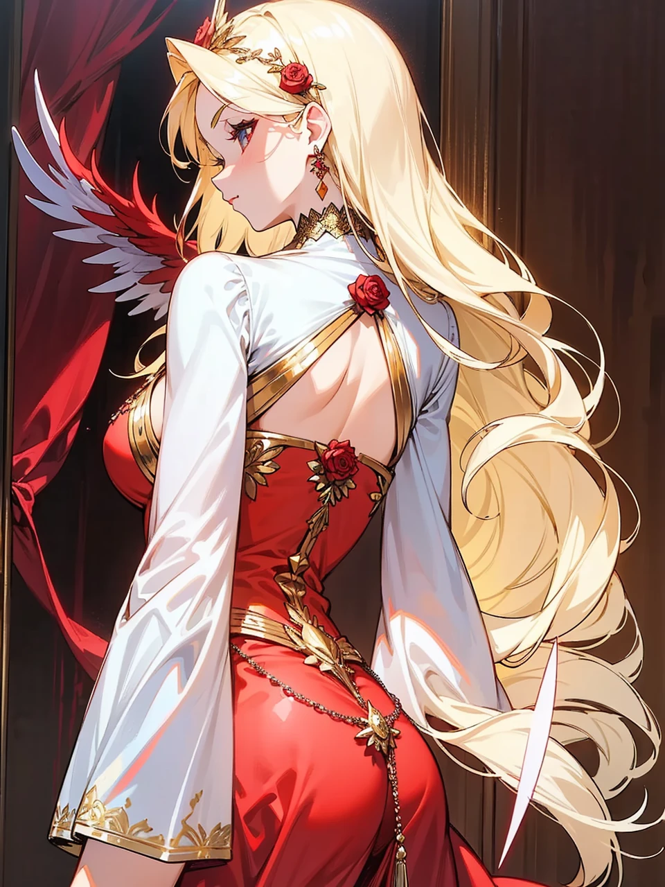 Add in roses to her dress, a good back dress design with some golden jewelry, make her dress into a red and white gown with a hat, give her some unique Jewelry, and make her look somewhat of a demonic angel like appearance to her