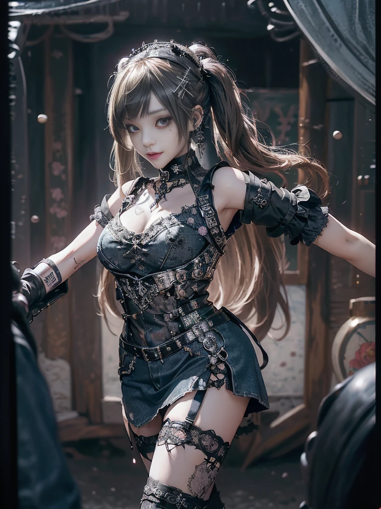 (Smiling with teeth showing:1.3),(Shibuya Gal:1.5)、(Prostitute:1.3)、(Gothic Lolita style fashion:1.5)、(Punk RockVisual Kei:1.4)、(Denim and black and white medieval noble mini skirt dress:1.5)、(Denim with black and white medieval gloves and bustier:1.5)、(Denim high heels:1.3)、(Wearing silver accessories:1.5)、(Denim collar:1.4)、(Black Leather Garter Belt:1.4)、(Brown Skin Belt:1.3)、(Black lace underwear:1.5)、20-year-old、NSFW、((Highest quality、In 8K、masterpiece:1.3))、Sharp focus:1.2、(Layered Cut、Huge boobs:1.1),Beautiful woman with perfect figure:1.4、(Dancing vigorously:1.3)、Slender Abs:1.2、Highly detailed face and skin texture、Detailed eyes、double eyelid,(Twin tails:1.3)、(Brown-golden hair:1.3)、Gravure idol、(The background is the Takarazuka Revue stage.:1.3)、(Slim body:1.2),(Make your legs thinner:1.4),(clavicle:1.1)