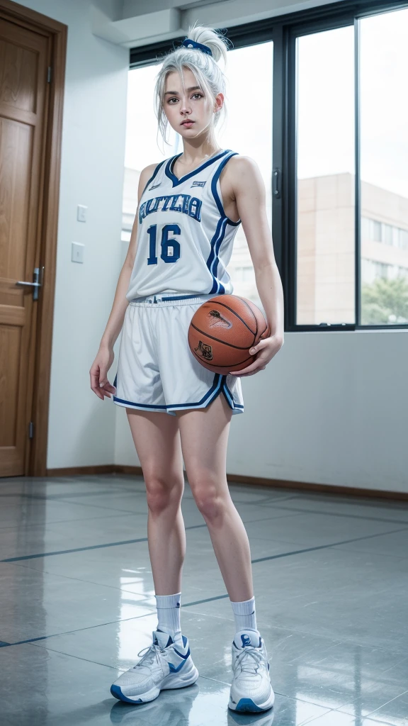 Basketball player, 16 year old girl with white hair up, white skin and blue eyes, let your full body be seen