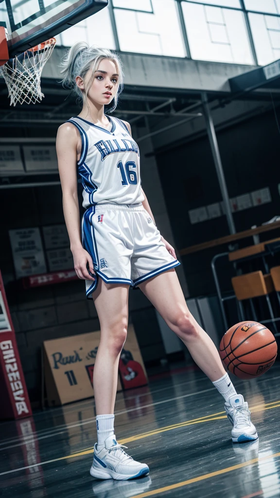 Basketball player,  16 year old girl with white hair up, white skin and blue eyes, let your full body be seen 
