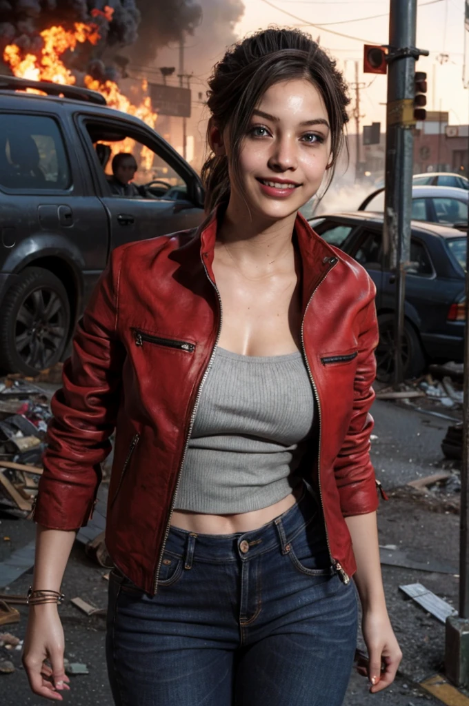1girl, (realistic),(hyperrealism),(best quality),(masterpiece),(ultra high res),(photorealistic),idol,eye makeup,detailed eyes,detailed face,black dress, claireredfield2, brown hair, (red jacket:1.2), ponytail, (denim pants:1.3),, red wristband,, abandoned street, burning cars in background, littered street, smoke, chaos, zombie apocalypse, daytime, sunny,, flirting, looking at viewer, smiling, closeup shot