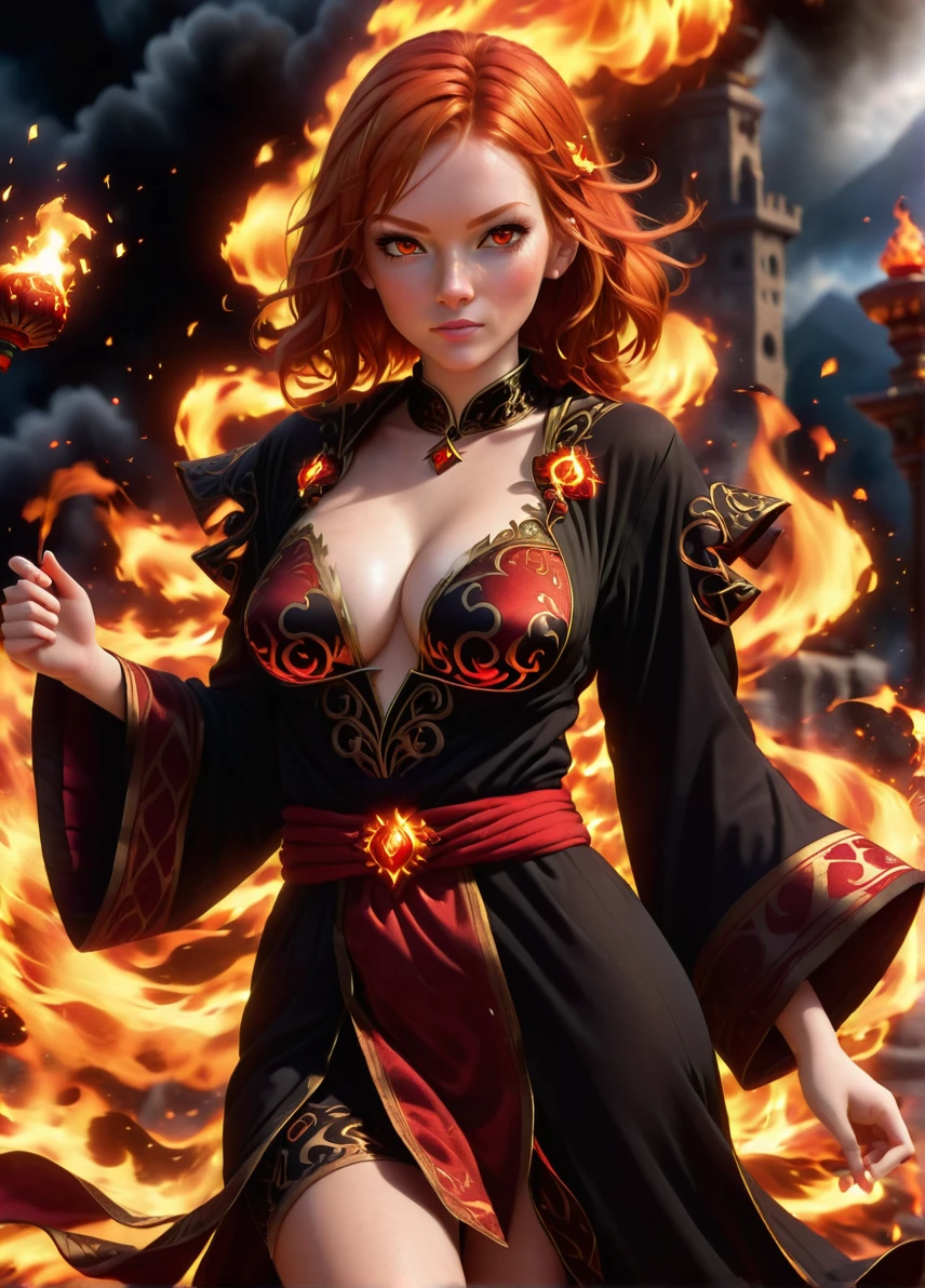 fire mage, (young seductive female: 1.5), (ginger hair: 1.1), (happy angry look: 1.5), skinny, magic symbols and patterns, (red and black robe: 1.5), fire splash and lava background , casting fireball, full shot, ((looking at viewer:1.2), (from side:0.8)), athletic, volumetric lighting dynamic lighting, real shadows, vibrant contrasting colors, style of Stephen Hickman and Stan Manoukian, ultra realistic, masterpiece, high quality, highres, sharp focus, intricate, sharp details, highly detailed, rich color, 8K,