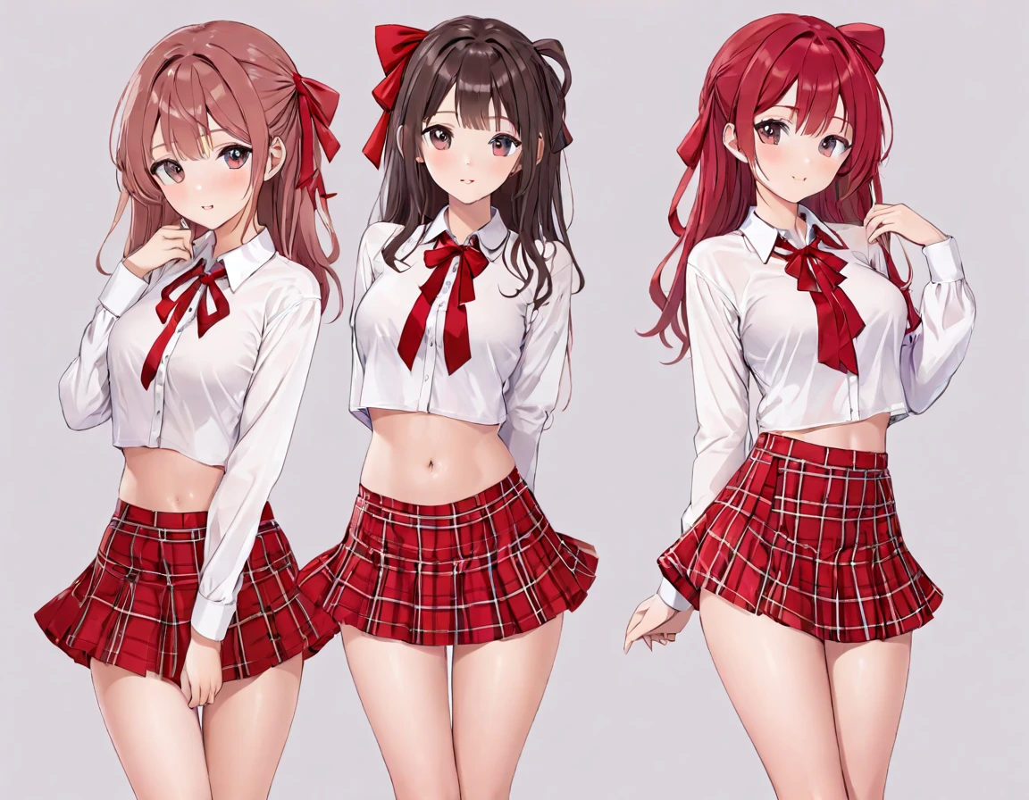 White shirt with ribbon showing nipples、Red and white checked mini skirt、Red and white sexy lingerie、Lingerie with a flipped up skirt、barefoot