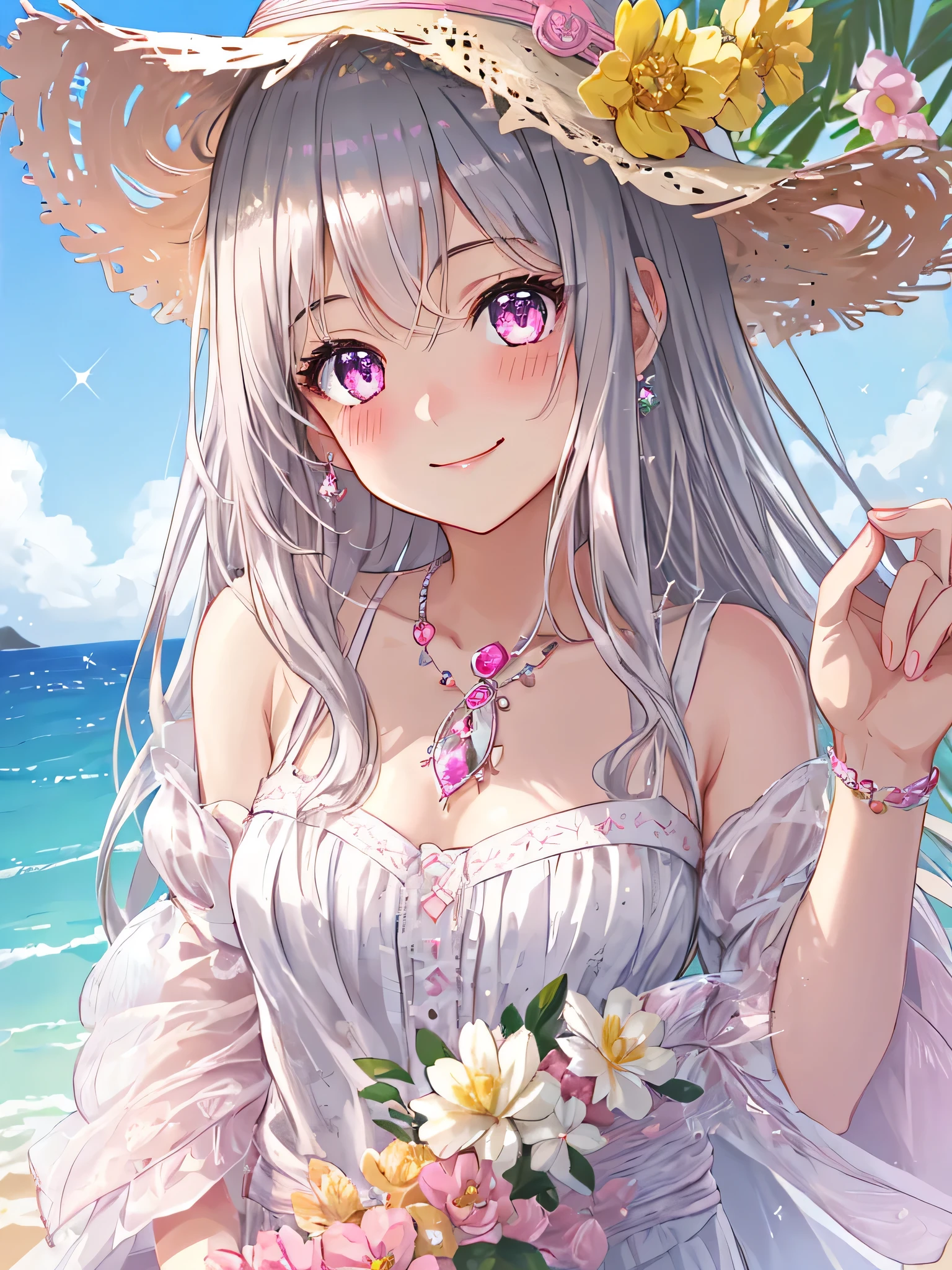 Highly detailed face,fine grain,Sparkling eyes,Highlighted eyes,Mid-chest,blush、smile、pretty girl,Cat ear,Beautiful silver hair,Pink inside,Beautiful pink eyes,one piece、Straw hat、Ocean