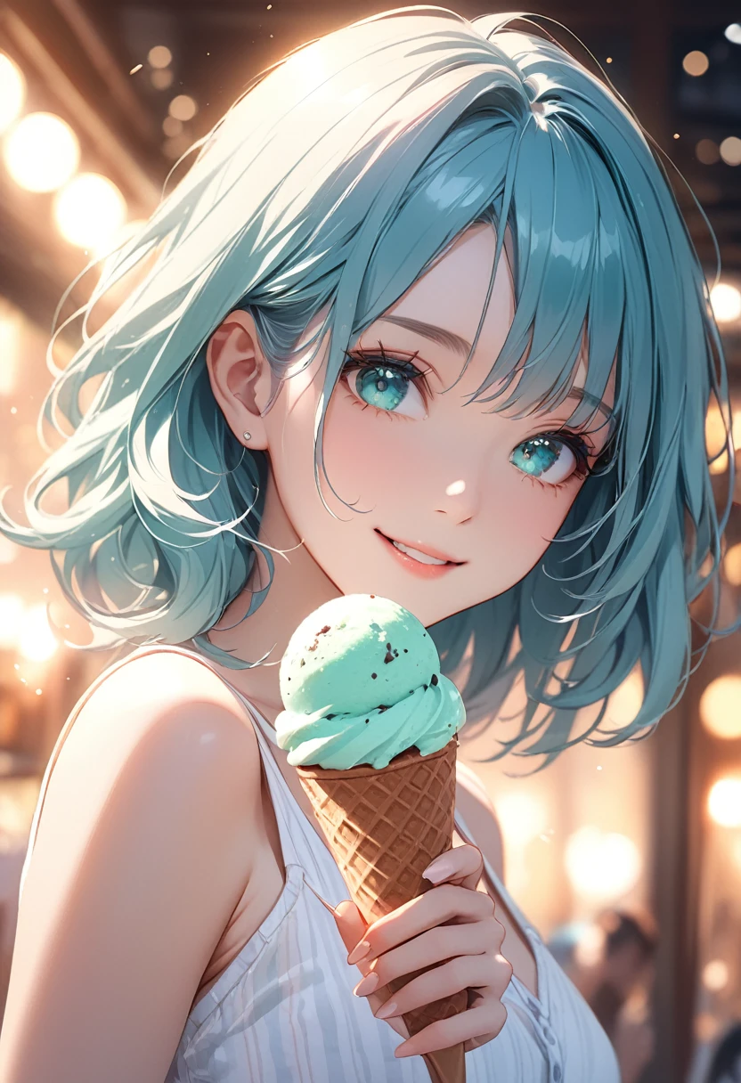 (masterpiece:1.5),(Beat quality),(high res),1girl solo,beautiful face,smile(shining eyes),upper body,light effects,Summer clothes blue hair woman,chocolate mint ice cream