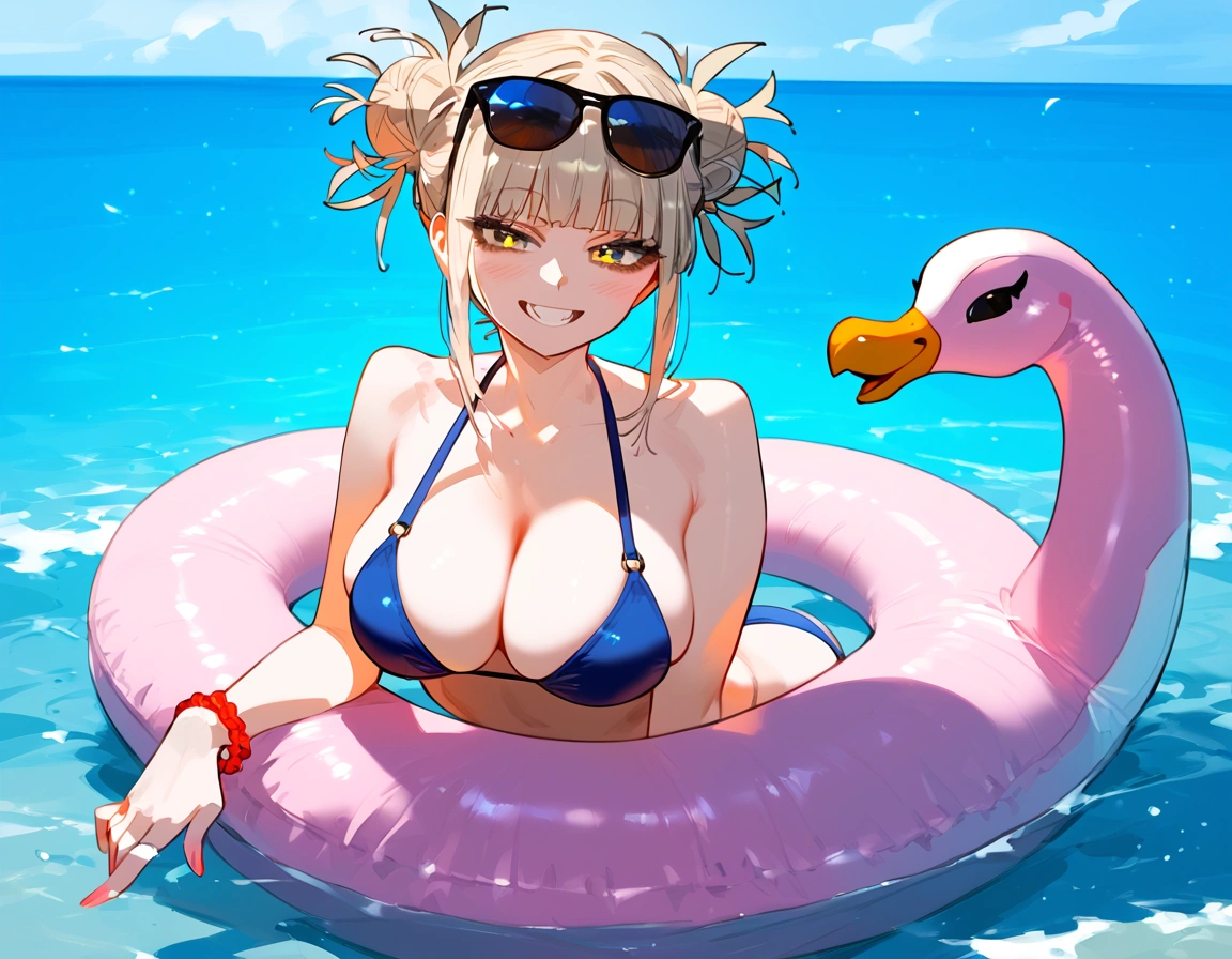 anime artwork, score_9, score_8_up, score_7_up, score_6_up, score_5_up, score_4_up, floox style    //////Himiko toga, big breasts, she is 24 years old, style_3, , , , naked, sunglasses, yellow eyes, solo, bikini , smile, in water, inflatable_flamingo