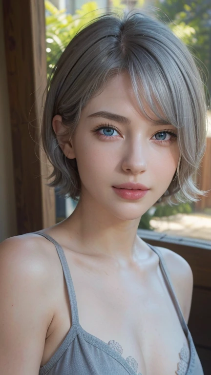 (8K, RAW Photos, Highest quality,masterpiece:1.2),(Realistic, photo-Realistic:1.4),(extremely detailed 8K wallpaper),One Woman,Beautiful Face,Very detailed,Fuller lips,Beautiful Face,Realistic Skin,Detailed skin,model,Beautiful woman,Exquisite face,Dimples,Small breasts,(Beach,Thong swimsuit),(Short Hair:1.5),(Gray Hair:1.5),(blue eyes:1.5),bright,Detailed face,Beautiful Face,smile,Light of the sun