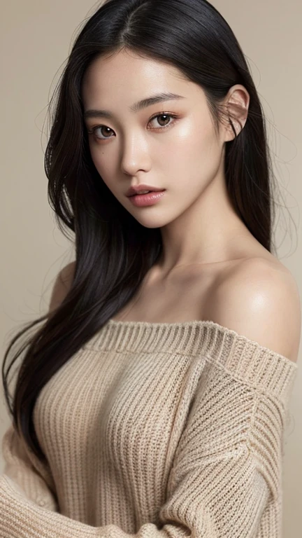 ((Surreal、Super detailed image, maybe a photo.,Captures the details of the skin texture of an incredibly beautiful woman.))Wearing loose, light knitwear,long black hair。Close portrait