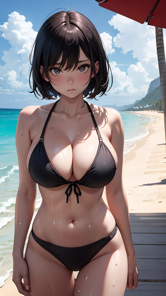 Standing wearing shiny bikini、angry、(pout:1.3)、 milf 、Japanes、huge breast、short hair、(sweat skin:1.4)、arms behind back, pigeon toed, Esbian all over、(beach:1.5)