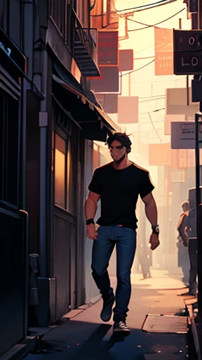 on a night in a large metropolis, a man is seen walking through the dark streets, his name is lucas, he has dark hair, wears a black t-shirt and jeans comic book illustration