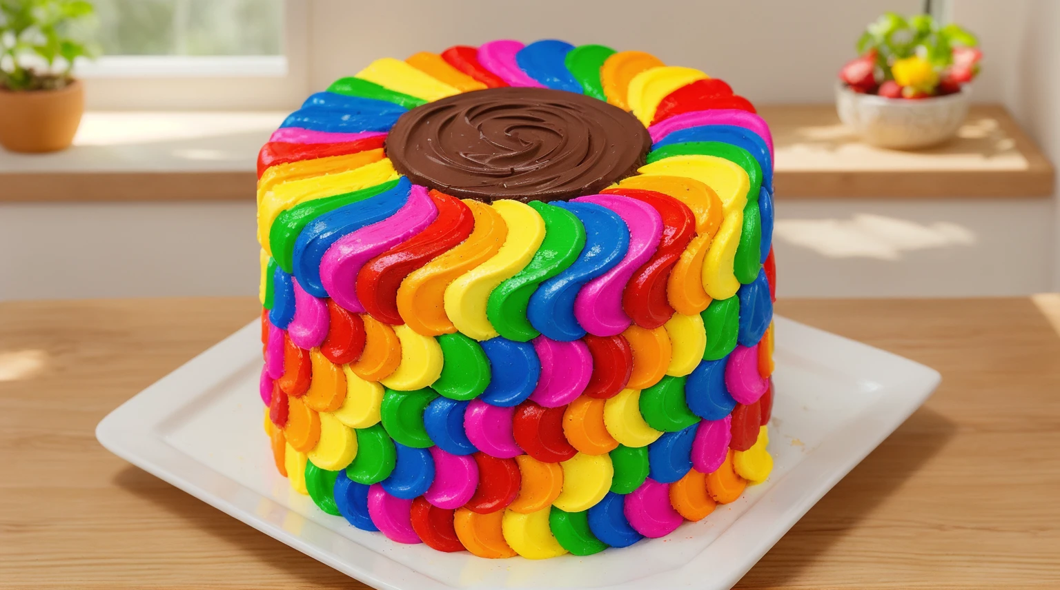 on a wooden table. there is a square white plate. rainbow cream cake. smears of cream in a checkerboard pattern, hole with chocolate drips on top, ((cream highlights)), against the background of the kitchen, Kitchenware, vases with plants, Beautiful light from the window, contour light, Multiple light sources, beautiful sunlight, Bright light source, bright lighting, beautiful light sources, Multiple light sources, Realistic style , realistic texture, detailed texture, A high resolution, high quality, macro photography