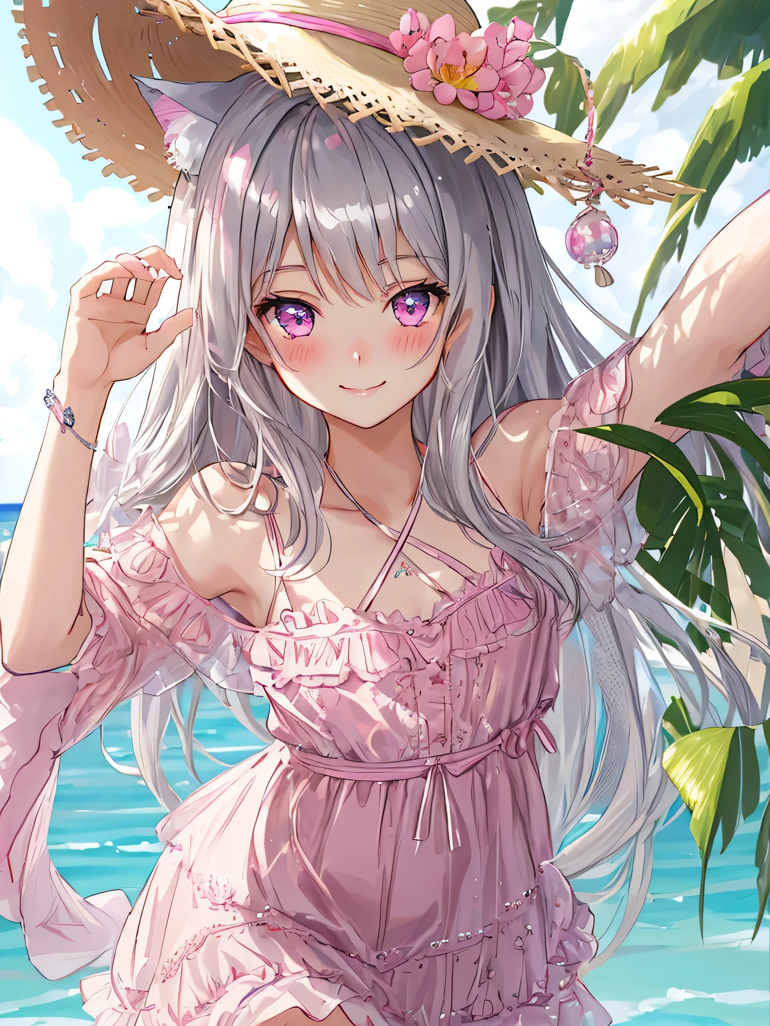 Highly detailed face,fine grain,Sparkling eyes,Highlighted eyes,Mid-chest,blush、smile、pretty girl,Cat ear,Beautiful silver hair,Pink inside,Beautiful pink eyes,one piece、Straw hat、Ocean
