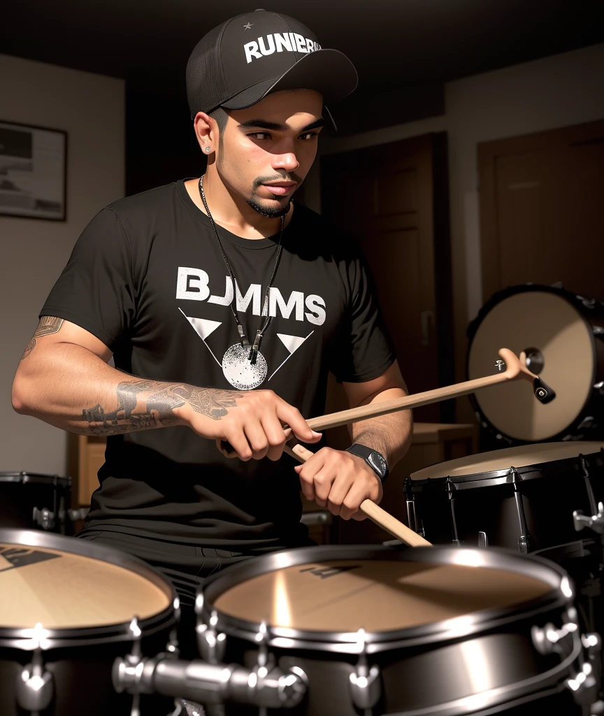 drummer in a black shirt and cap playing drums in a room, drummer, joel torres, playing drums, joe alves, caio santos, pablo olivera, carmelo blandino, danilo torres, beto val, Jon Berkey, drums, brian pulido, david rios ferreira, bongos, São Paulo, christian orrillo, ricardo milos