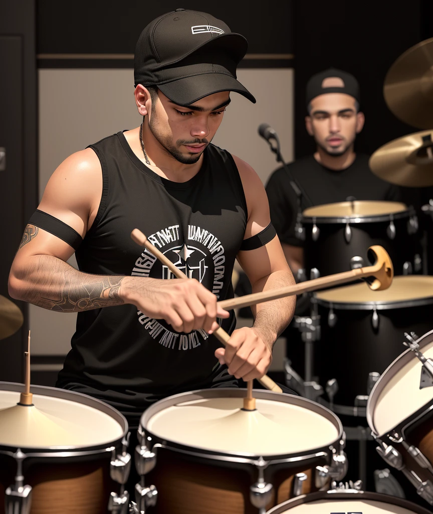 drummer in a black shirt and cap playing drums in a room, drummer, joel torres, playing drums, joe alves, caio santos, pablo olivera, carmelo blandino, danilo torres, beto val, Jon Berkey, drums, brian pulido, david rios ferreira, bongos, São Paulo, christian orrillo, ricardo milos