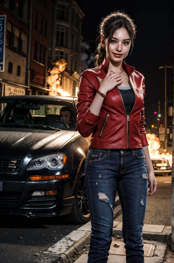 1girl, (realistic),(hyperrealism),(best quality),(masterpiece),(ultra high res),(photorealistic),idol,eye makeup,detailed eyes,detailed face,black dress, claireredfield2, brown hair, (red jacket:1.2), ponytail, (denim pants:1.3),, red wristband,, abandoned street, burning cars in background, littered street, smoke, chaos, zombie apocalypse, daytime, sunny,, flirting, looking at viewer, smiling, closeup shot