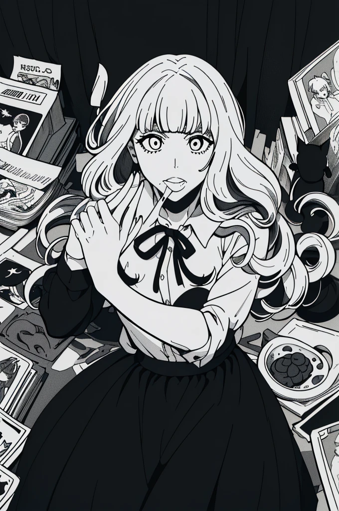 Highest quality、masterpiece、((She is one:1.3))、((1 Girl:1.3))、((Her eyes are single、Her eyes are fished out:1.5))、((Her mouth is big、White teeth stand out:1.5))、((Very nice teeth))、(((She has her bangs down:1.8)))、(((Her bangs are straight:1.8)))、((Natural curls:1.3))、((Curly hair up to the shoulders))、((Gray Hair))、Detailed face、 (Comic style illustration:1.8), (Line art_anime),(Black and White:1.3),(Monotony_High Contrast:1.5),((high school girl)),((High 、ribbon、shirt、Skirt:1.5))、Inside the school_Complex background,(Looking for a black cat:1.2)