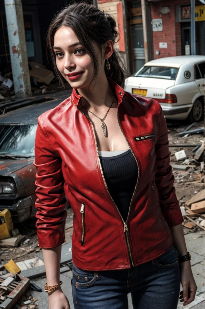 1girl, (realistic),(hyperrealism),(best quality),(masterpiece),(ultra high res),(photorealistic),idol,eye makeup,detailed eyes,detailed face,black dress, claireredfield2, brown hair, (red jacket:1.2), ponytail, (denim pants:1.3),, red wristband,, abandoned street, burning cars in background, littered street, smoke, chaos, zombie apocalypse, daytime, sunny,, flirting, looking at viewer, smiling, closeup shot