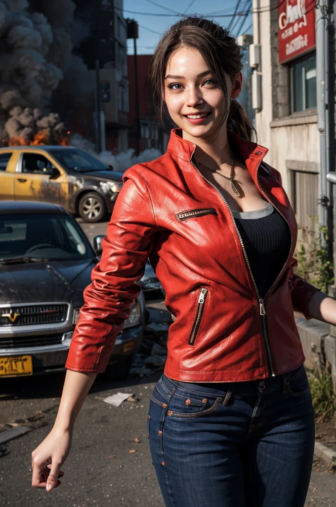 1girl, (realistic),(hyperrealism),(best quality),(masterpiece),(ultra high res),(photorealistic),idol,eye makeup,detailed eyes,detailed face,black dress, claireredfield2, brown hair, (red jacket:1.2), ponytail, (denim pants:1.3),,  red wristband,,  abandoned street, burning cars in background, littered street, smoke, chaos, zombie apocalypse, daytime, sunny,,  flirting, looking at viewer, smiling, closeup shot