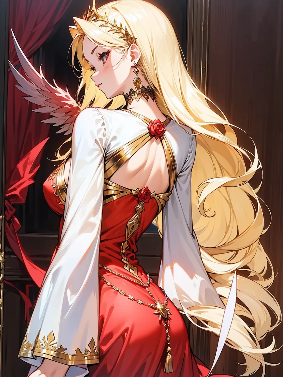 Add in roses to her dress, a good back dress design with some golden jewelry, make her dress into a red and white gown with a hat, give her some unique Jewelry, and make her look somewhat of a demonic angel like appearance to her