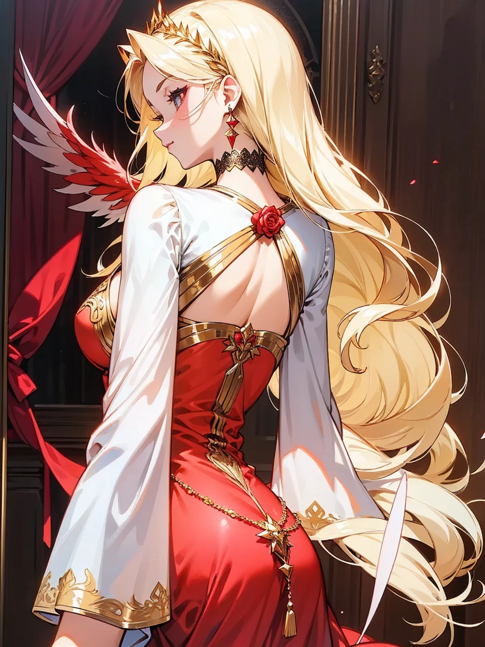 Add in roses to her dress, a good back dress design with some golden jewelry, make her dress into a red and white gown with a hat, give her some unique Jewelry, and make her look somewhat of a demonic angel like appearance to her