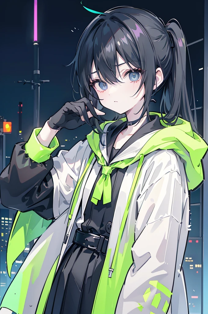 Fluorescent green very short ponytail , black eye, severe dark circles , droopy eyes , cyberpunk hood , Timid , dependent , androgynous , heartless , night background , dark , Hikikomori , genderless , masculine , boy , man , Man , Overhead retro bike goggles , man 캐릭터