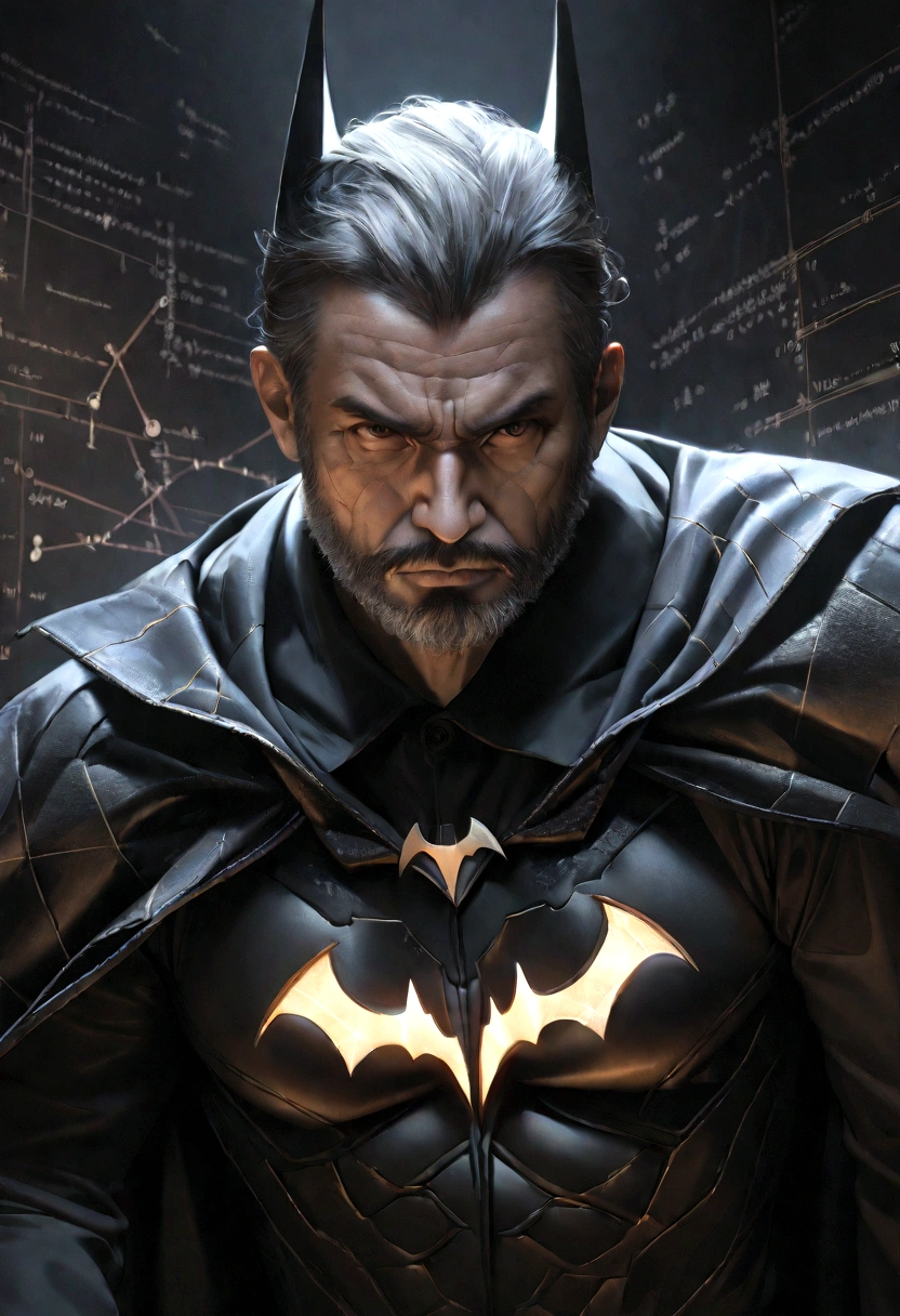 a middle-aged man with a short beard, dressed as batman, serious expression, detailed facial features, intricate costume, cinematic lighting, dark atmosphere, dramatic pose, complex mathematical equations and formulas in the background, digital art, hyper realistic, cinematic quality, masterpiece