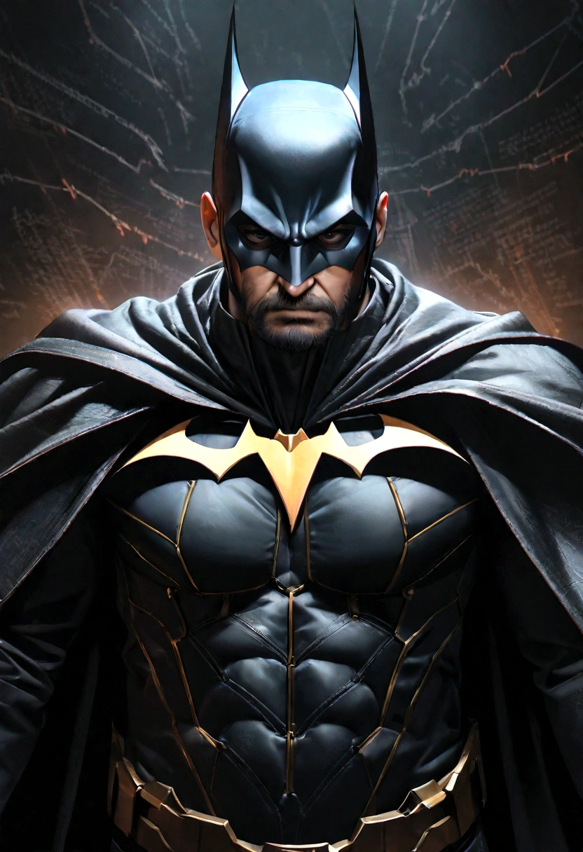 a middle-aged man with a short beard, dressed as batman, serious expression, detailed facial features, intricate costume, cinematic lighting, dark atmosphere, dramatic pose, complex mathematical equations and formulas in the background, digital art, hyper realistic, cinematic quality, masterpiece