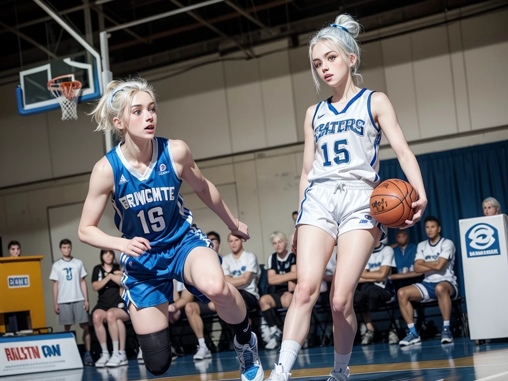Basketball player, 16 year old girl with white hair up, white skin and blue eyes, with very short shorts and your full body can be seen