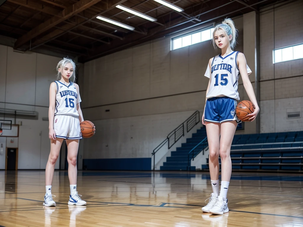 1 beautiful biracial woman blue hair and 1 beautiful biracial woman brown straight hair, basketball jersey, basketball court, Plan Américain,