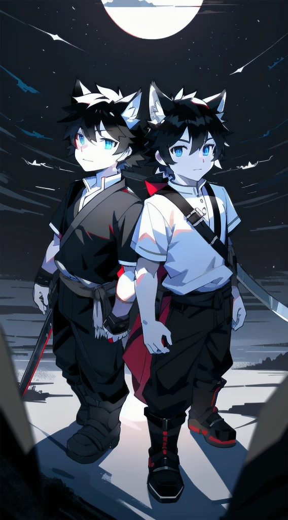 White Wolf,black hair,Sky blue eyes,hairy,Wolf ears,Wolf tail,Full body portrait,The character is in the center of the frame,Handsome,Confident eye***but,juvenile,Black and white combat uniform,Red neck bib,Black shorts,Short sleeve,hairy arms and legs,Dark background,Dark battlefield,dawn,sunrise,dawn,illumination,shadow,Swordsman,Scabbard and Hold the hilt of a in your hand,The scabbard is at the waist,Highest quality,A tall stature