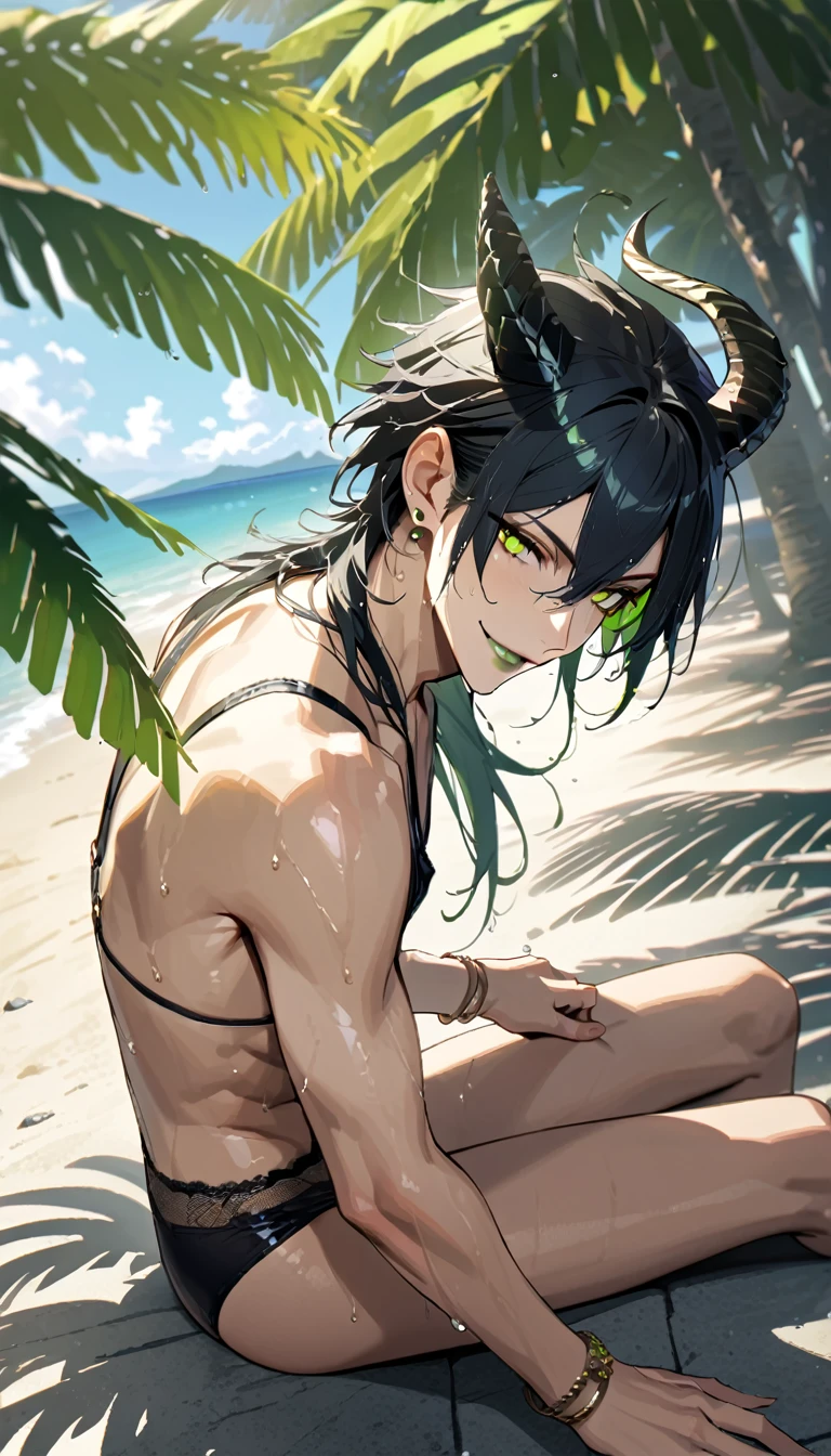 masterpiece, highres, absurdres, illustration, ((masterpiece:1.4, best quality)), (Ultra detailed background), 1boy, handsome man, highly detailed beautiful face and eyes, beautiful eyes, (sharp detail:1.3), shiny, earrings, bracelet, (wet bikini:1.3), Bari, Cebu Island, plumeria, near the beach, 1boy, sitting on floor, dynamic angle, full body, malleus draconia (twisted wonderland) horns, bishounen, boy, male, yana Toboso style, long hair, black hair, yellow green eyes, smile, gray lips, handsome, skinny, tall, yellow green glow,AddXL