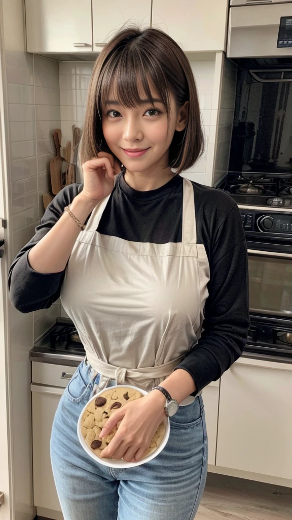 Browsing Caution:1.1、Active women, smile、Age: 40 years old, Mature Woman, Bake cookies in a sunny kitchen, Surrounded by flour, Stir the bowl、Huge breasts 、short hair、Black-haired、Wearing a white apron、Long Sleeve T-Shirt、((Tight clothing))、(blunt bangs)