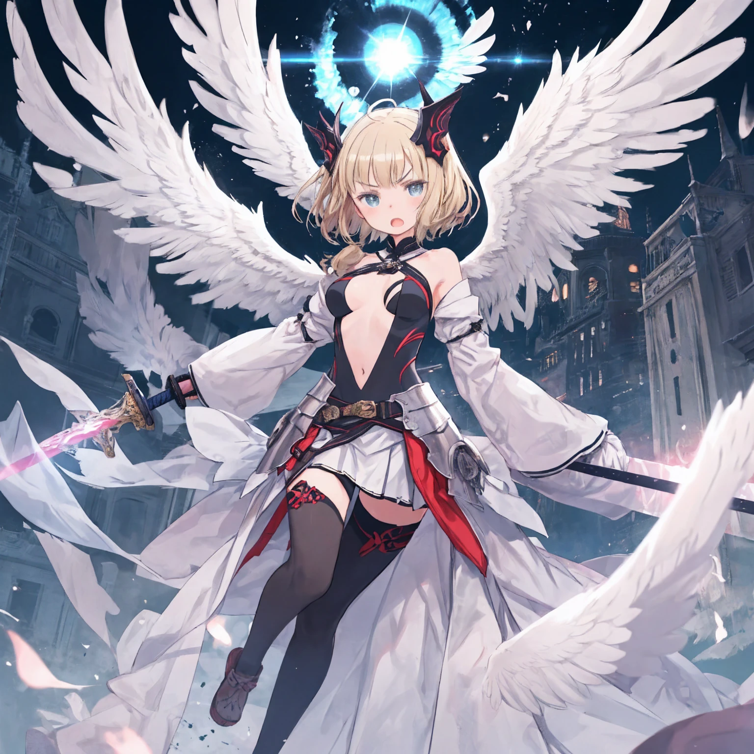fantasy, 1devill_girl, low_, platina_blonde_hair,long_bangs, , bare_shoulder, navel out, thighhighs,silver_shiny_armor, white_clothes,waist_armor, Glebe, hold_swords_emits_light, medium_breasts, dynamic_flying_pose,Floating, (1pair_white_wings:1.2),(pelvic_curtain:1.3), silver_Headgear ,looking_down_at_sunset_city_sky_background,,slightly_spread_legs, some_swords_emits_light,some_swords_emits_light_floating_around_the_girl,solo,glare_halo,angry,shout,open_mouth,open_legs,open_arms,rise_knee,rise_leg,rise_thigh,rise_leg,forward_leaning_posture,apart_legs,