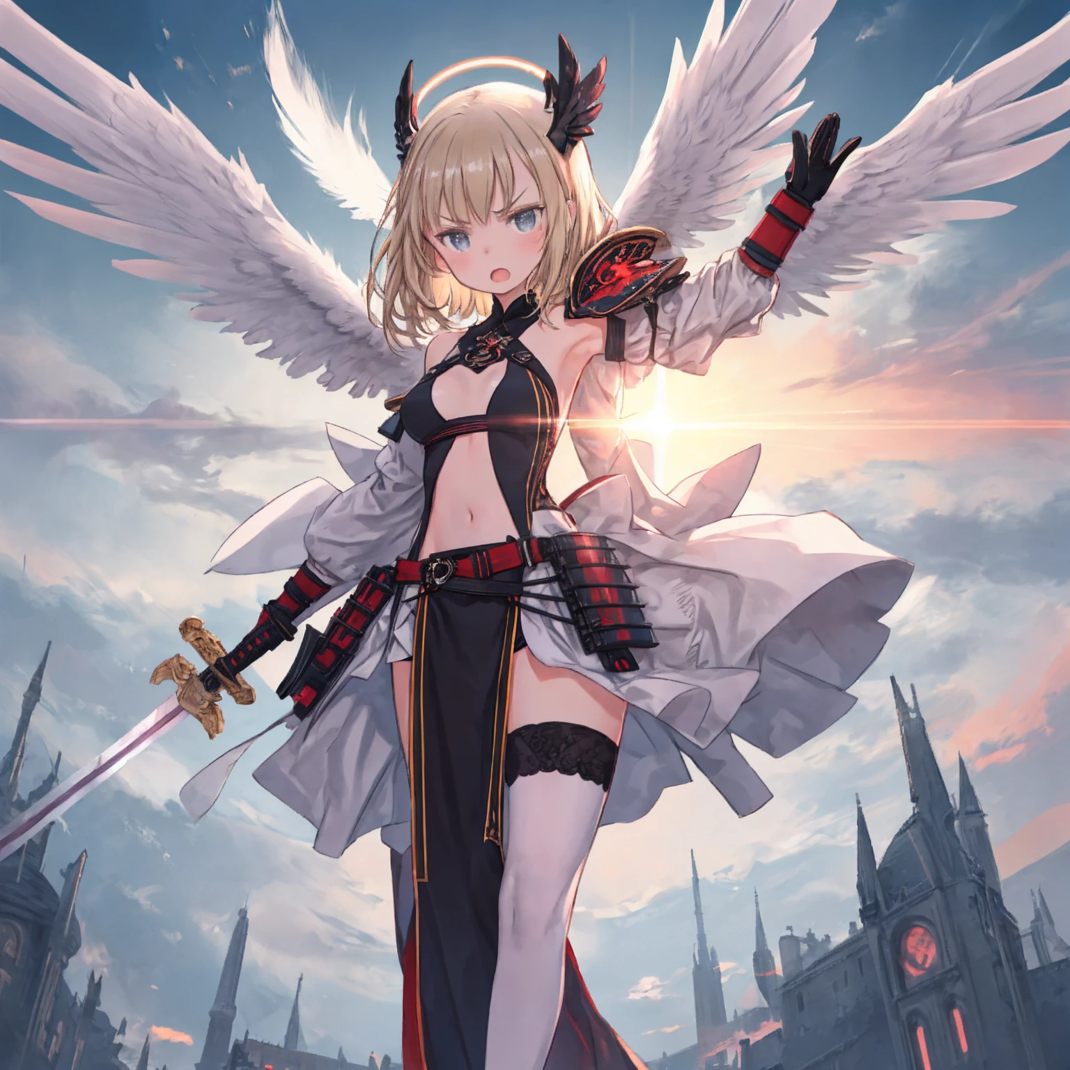 fantasy, 1devill_girl, low_teen, platina_blonde_hair,long_bangs, , bare_shoulder, navel out, thighhighs,silver_shiny_armor, white_clothes,waist_armor, Glebe, hold_swords_emits_light, medium_breasts, dynamic_flying_pose,Floating, (1pair_white_wings:1.2),(pelvic_curtain:1.3), silver_Headgear ,looking_down_at_sunset_city_sky_background,,slightly_spread_legs, some_swords_emits_light,some_swords_emits_light_floating_around_the_girl,solo,glare_halo,angry,shout,open_mouth,open_legs,open_arms,rise_knee,rise_leg,rise_thigh,rise_leg,forward_leaning_posture,apart_legs,