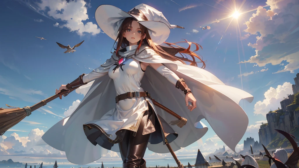 masterpiece, super detailed, 8K portrait, RAW photo, portrait photography, highly detailed face, beautiful and detailed eyes, ((fantasy)), young and beautiful, dynamic pose, (((long dark red straight hair))), ((witch)), white skin color, luxury, crystal necklace, (((Cloudy white silk long cloak))) fluttering in the wind, (((long one-piece tunic))), (((cropped pants)), (((leather boots))), ((fly in the sky on a magic broom)), midday sun, surreal, body model, big breasts, beautiful breasts, long legs, In the sky, environmental lighting, shadow details , Focus the camera on the thigh, strong wind, light fog