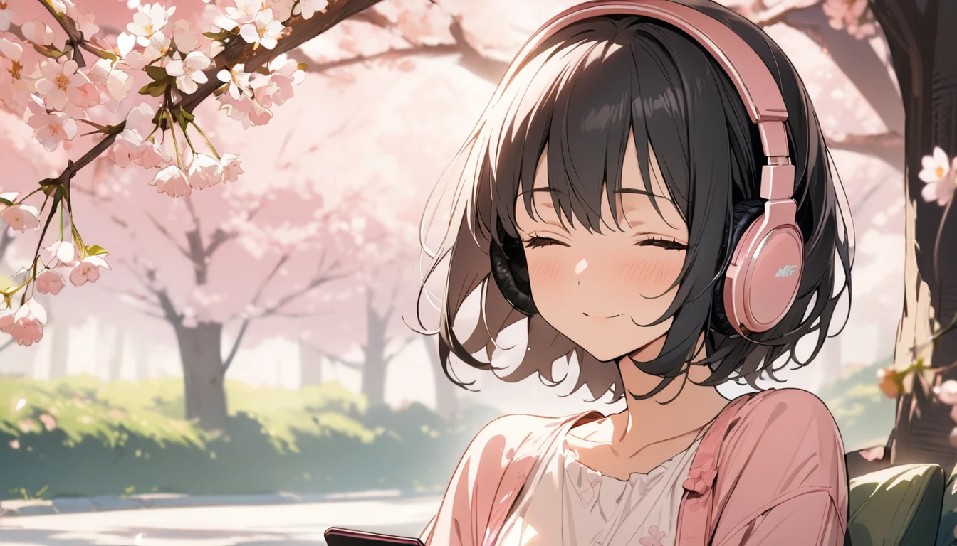 1girl, solo, gentle smile on her face flat chest, short hair, black hair, upper body, ((masterpiece, illustration, best quality)) ((best quality)), ((masterpiece)), (detailed), perfect face, sitting under the cherry blossom tree, listening to music, One woman, wearing headphones, eyes closed, wearing a white and pink dress