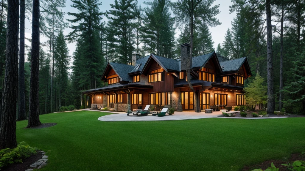 A luxury house in the middle of the forest, hyper realistic with a ...