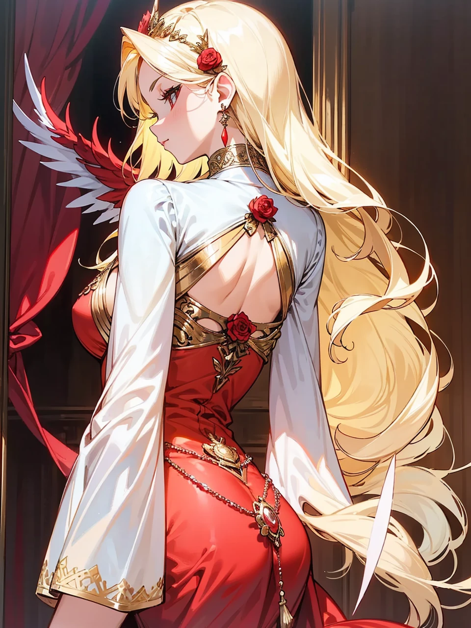 Add in roses to her dress, a good back dress design with some golden jewelry, make her dress into a red and white gown with a hat, give her some unique Jewelry, and make her look somewhat of a demonic angel like appearance to her