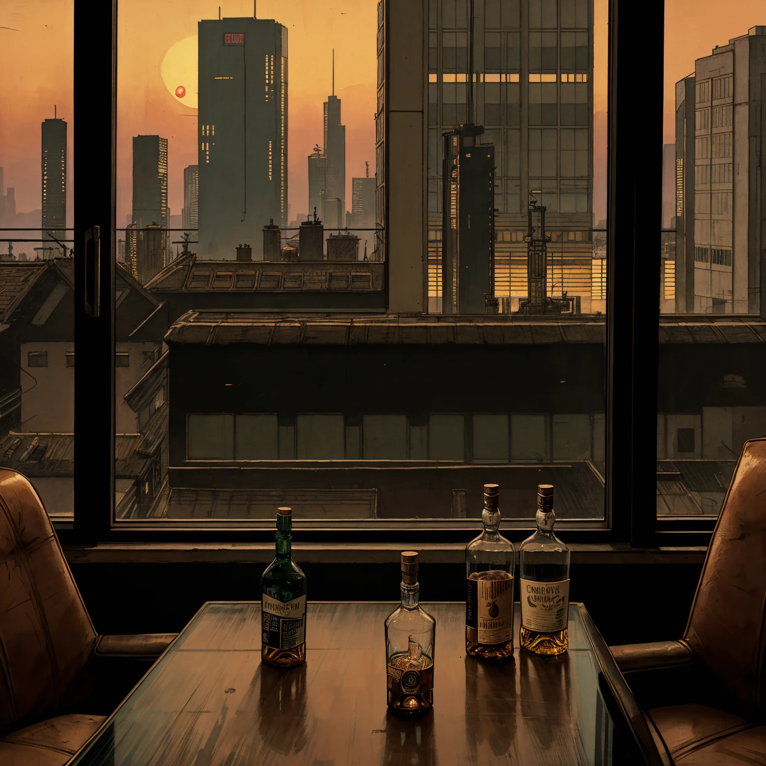 (masterpiece), (cyberpunk living room), (indoor), (window), (sunset), (cyberpunk city), (realistic illustration), (cinematic), (looking out the window), (liquor bottle, whiskey glass on table)
